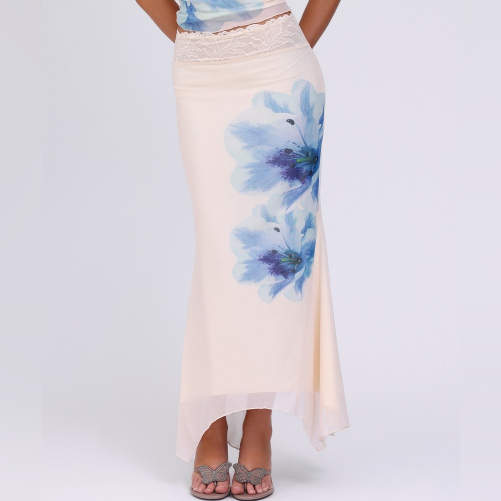 Tiger Mist Cream Maxi Skirt with Blue Floral Print